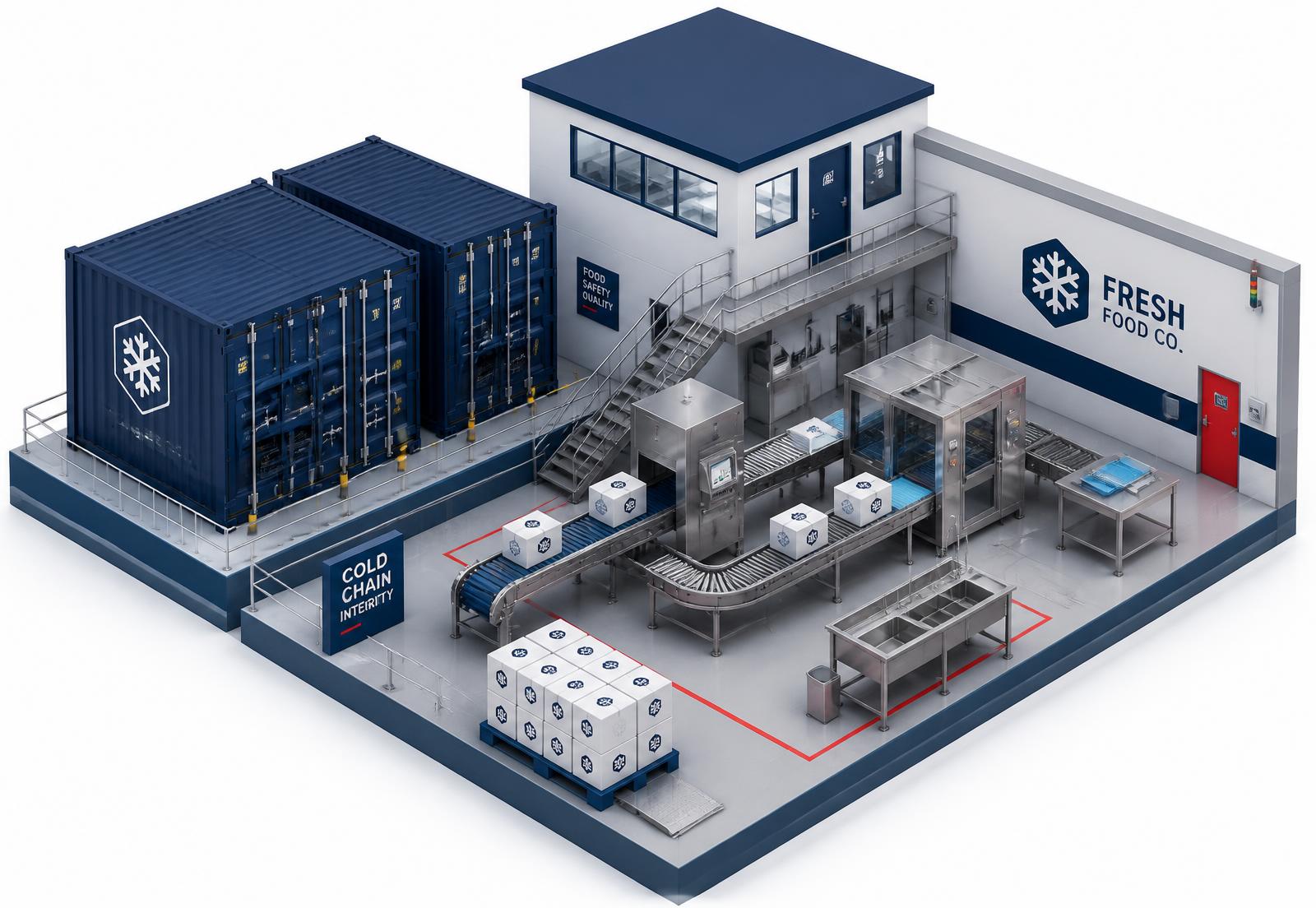 Stylized cutaway illustration of a food-grade processing facility with conveyor line, packaging cartons and refrigerated export containers